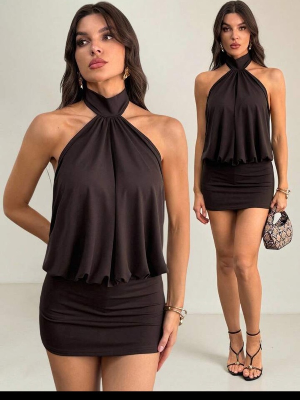 Black Halter Blouson Mini Dress